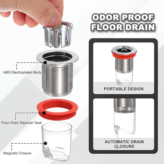 uxcell 3" Odor Proof Floor Drain, Floor Drain Shower Plug Drain Backflow Preventer Suitable for Pipes Tubes Bathroom Kitchen, Red Silver/Transparent