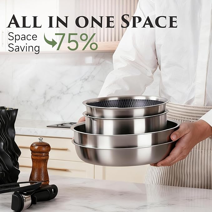 JEETEE Hybrid Tri-Ply Stainless Steel Cookware Set, 18pcs Pots and Pans Set Non Stick with Detachable Handles, Induction Cookware Set Kitchen Cooking Sets, RV/Camping Cookware, Dishwasher & Oven Safe