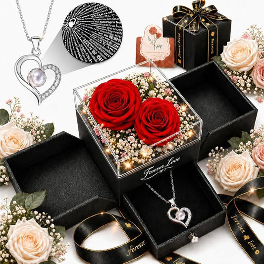 Forever Love Preserved Real Rose with Heart Necklace, for Mom, Wife, Anniversary Birthday Gifts for Women – Projects “I Love You” in 100 Languages