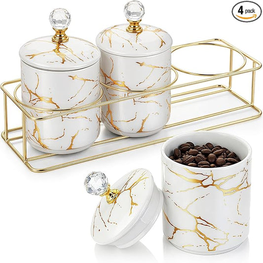 3 Pcs Ceramic Coffee Canister Set with Lids and Metal Stand, Marble Sugar Coffee Tea Containers, Kitchen Counter Storage Jars for Bar Accessories