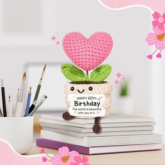 Cute 60th Birthday Gifts for Women – Crochet Pink Heart Flower, 1966 60th Birthday Decorations for Her, 60 Years Old Happy Bday Gift for Women Friends Daughter Sister Mom Wife Grandma