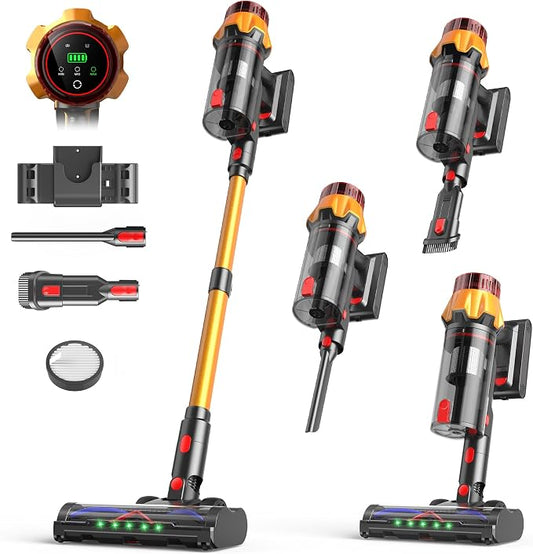 Cordless Vacuum Cleaner for Home, 55Kpa Suction, Up to 70-Min Runtime, Gold | 600W Bushless Motor, Self-Standing, Touch Screen, 1.8L Dust Cup, Anti-tangle Vacuum Cleaners for Pet Hair, Carpet, Hard Floor