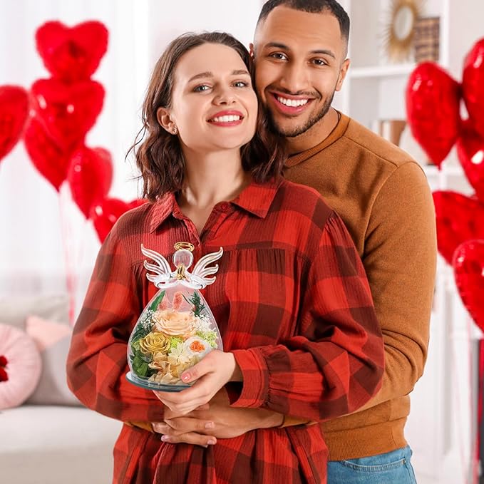 Gifts for Mom Mothers Day Birthday Gifts for Women Preserved Rose Forever Flower in Glass Angel Figurines Fresh Flowers for Delivery Anniversary Real Colorful Roses for Grandma Her Wife from Daughter