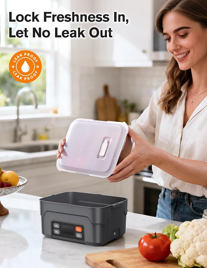 EAST OAK XL 6.3-Cup/1.5L Cordless Electric Lunch Box for adults, Electric Lunch Box Food Heater with Smart Timer, 220°F Stainless Steel Container for Work Outdoor,Standard Gray