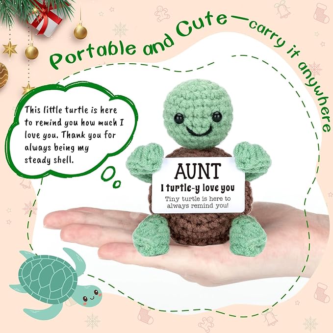 4THFARMES Mini Funny Turtle Aunt Auntie Gifts from Niece Nephew, Mothers Day Birthday Gifts for Aunt Auntie Gift Ideas, I Love You Small Cute Stuff Things, Handmade Emotional Positive Crochet Turtle