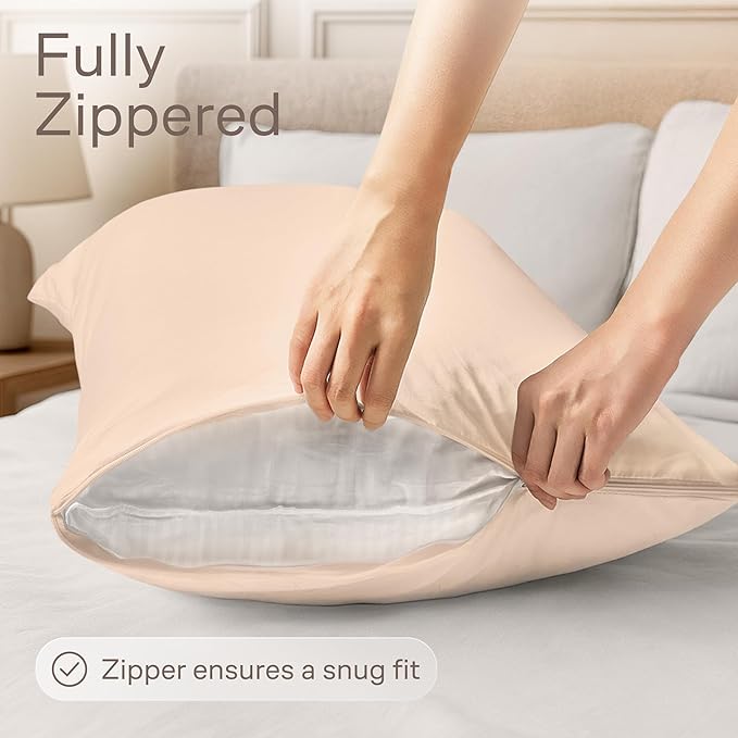 Ultra Soft Pillow Protectors with Zipper Queen Size - Set of 4 Breathable Pillow Covers - 100% Protection Against Stains, Dust & Dirt - Machine Washable (Cream)