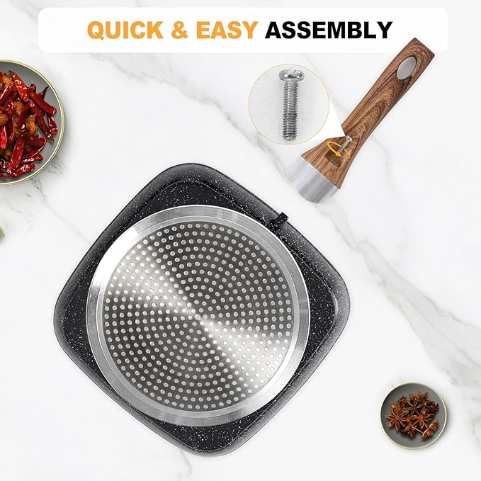 NEWBULIG 3-Piece Nonstick Grill Pan Set, Square Griddle Pans with Wooden Handles, Induction Cooktop Compatible, Nonstick Cookware for Steak, BBQ, Vegetables, Black (9.5", 10.2", 11")