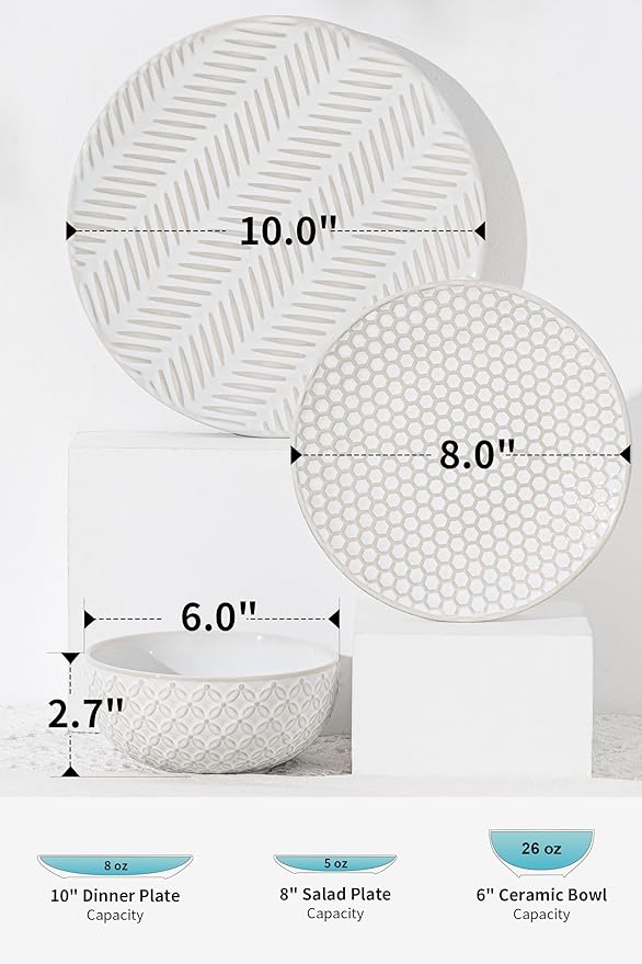 FOBENTA 18 Piece Embossed Dinnerware Sets for 6, Scratch-Resistant Plates and Bowls Sets, Microwave & Dishwasher Safe, Elegant Stoneware for Family Gatherings – A Gift for Growing Households