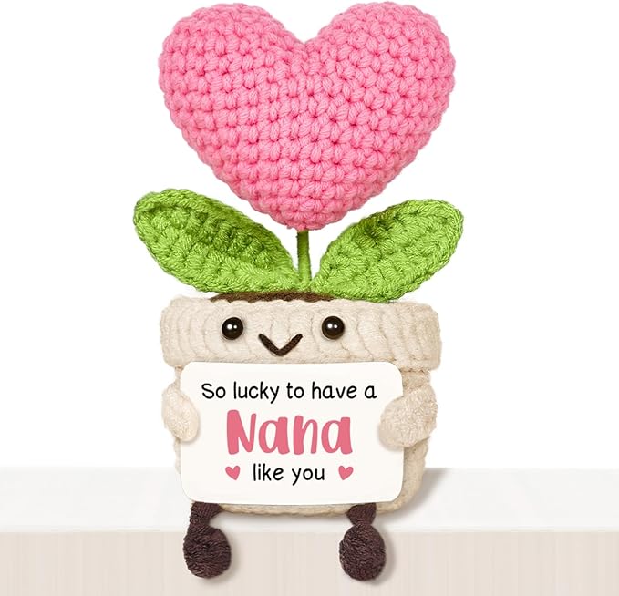 Nana Gifts, Mothers Day Birthday Gifts for Nana from Granddaughter Grandson, Handmade Emotional Positive Mini Crochet Pink Heart Flower
