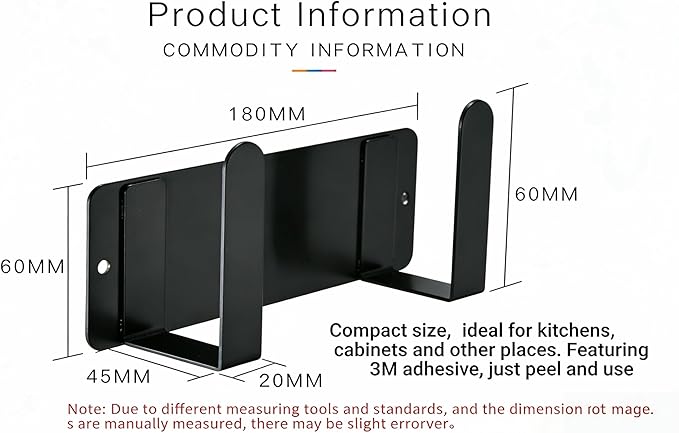 Stainless Steel Under Cabinet Cutting Board Holder Black Wall Mounted Pot Lid Storage Adhesive Punch Free No Drill Kitchen Organizer 7" x 2.3" x 1.8"