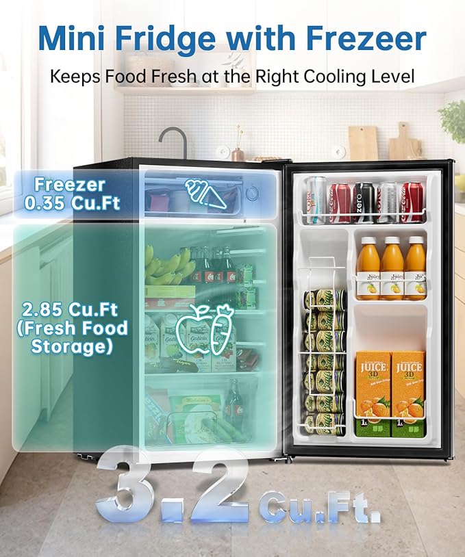 3.2 Cu Ft Mini Fridge with Freezer - Energy Efficient, Large Capacity Single Door Upright Freezer for Bedroom, Office & Dorm | Small Fridge, Reversible Door, ETL Certified(Silver)
