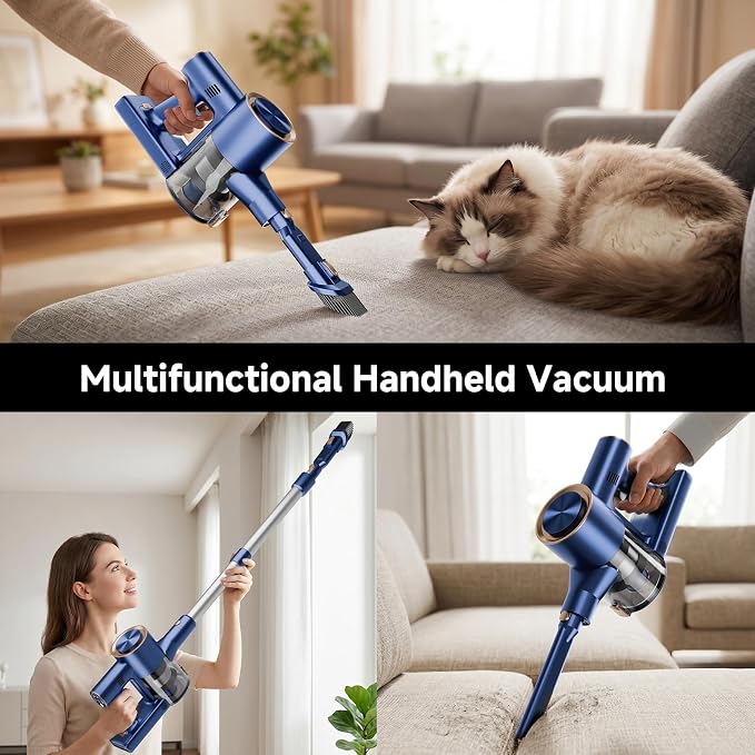 Cordless Stick Vacuum Cleaner - Rechargeable,40Kpa Powerful Suction Vacuum for Home,45Mins Runtime,Detachable Battery,Anti-Tangle, 8 in 1 Lightweight Vacuum for Pet Hair Carpet Hardwood, Blue