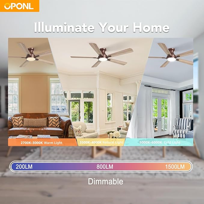 OPONL 52 Inch Brown Ceiling Fan with Light, Remote Control, Low Profile, Noiseless, Reversible, Dimmable, Timeable, Metal Housing, Flush Mount Ceiling Fans with Lights for Bedroom, Indoor/Outdoor Use