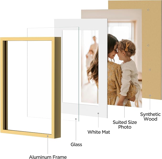 eletecpro Aluminum Gallery Wall Frame Set of 7 with Glass Cover, Gold | Including 1Pc 11x14, 2Pcs 8x10, 4Pcs 5x7 Photo Frames, Multiple Sizes Picture Frames Collage Wall Decor or Tabletop Display