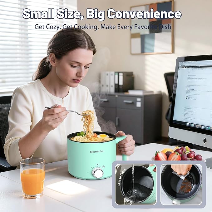 Electric Hot Pot :1.5L Mini Ramen Cooker with Overheat & Boil-Dry Protection, Suitable for Noodles, Soup, Oatmeal, College Dorm Office Travel Essentials (Green, 1.5L)