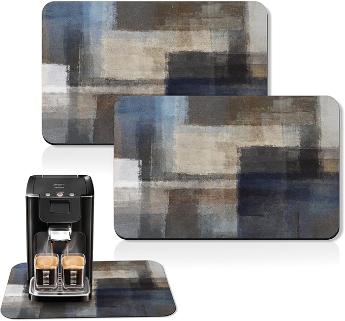 Arttown Coffee Mat for Countertops, Abstract Gray Blue Brown Modern Dust Art Dish Drying Mat 2 Pcs for Kitchen Bar Accessories, Coffee Maker Espresso Machine Dish Rack Hide Stain Rubber 12x19in