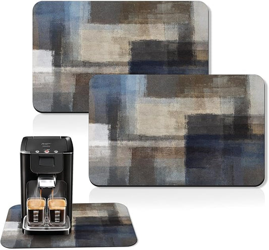 Arttown Coffee Mat for Countertops, Abstract Gray Blue Brown Modern Dust Art Dish Drying Mat 2 Pcs for Kitchen Bar Accessories, Coffee Maker Espresso Machine Dish Rack Hide Stain Rubber 12x19in