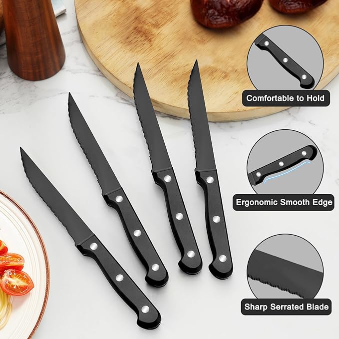 Pleafind 24Pcs Black Silverware Sets for 4 - Dishwasher Safe, Flatware Set with Steak Knives, Stainless Steel Cutlery Set, Include Forks Spoons and Knives Set, Utensil Sets for Home Restaurant
