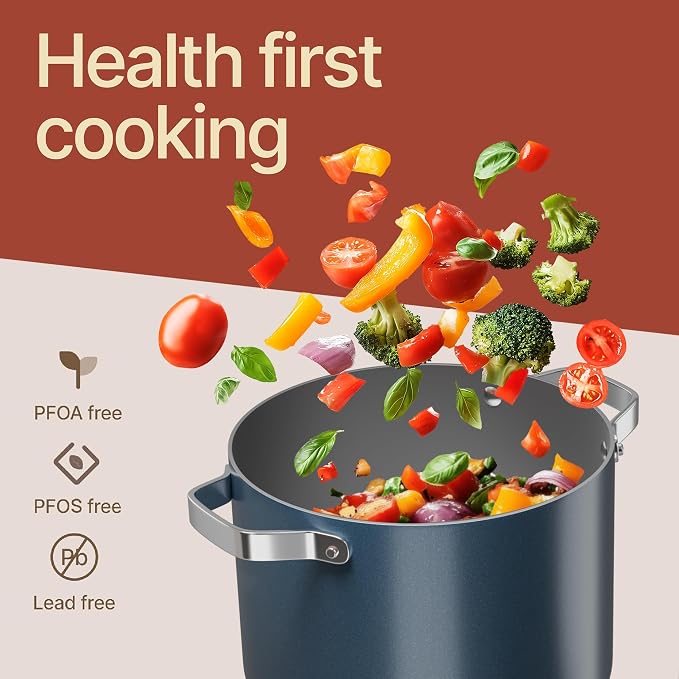 Bakken 8.5 Quart Ceramic Coated Stock Pot with Lid, Easy Clean Nonstick Pot, Tempered Glass Lid, Riveted Stainless Steel Handles, Oven Safe Up To 500°F, PTFE & PFAS Free, All Stove Compatible, Blue