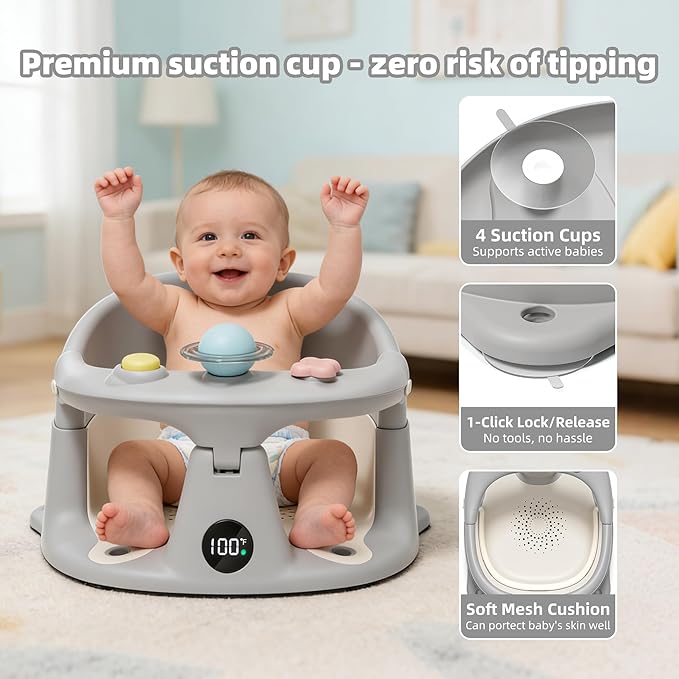 Baby Bath Seat for Babies 6 Months & up with Thermometer, Non-Slip Toddler Bath Seats for Sitting Up, Safe Infant & Newborn Bathtub Chair with 4 Suction Cups, Soft Cushion & Temperature Display, Gray