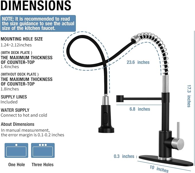 DJS Kitchen Faucets with Pull Down Sprayer Matte Black & Brushed Nickel - Single Handle 1 or 3 Holes Spring Kitchen Sink Faucet with Deck Plate for Farmhouse RV Vessel Basin