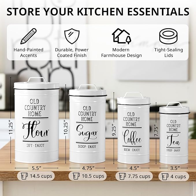 Bivvclaz Canisters Sets for the Kitchen, Airtight Kitchen Canisters for Countertop, Flour and Sugar Containers, Tea Coffee Sugar Canister Set, Coffee Bar Decor and Accessories, Set of 4, White
