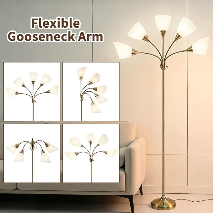 HonoDing Medusa Floor Lamps Standing Lamps 5 Heads Adjustable Reading Light Large Shade Use E26 A19 Bulb Floor Lamps for Living Room Bedroom (Gold Brass)