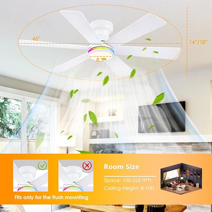 Asyko 46" White RGB Ceiling Fans with Lights and Remote,Low Profile Ceiling Fans with Quiet Reversible DC Motor,Small Modern Flush Mount Ceiling Fan Light for Bedroom Kids Room