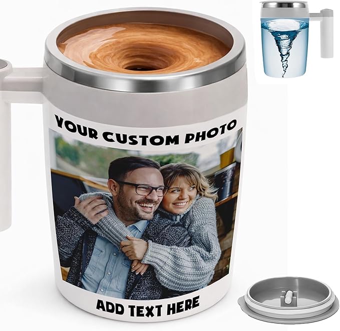 Personalized Rechargeable Self-Stirring Mug – Custom Photo/Text Magnetic Auto Mixing Stainless Steel Cup, 14.5 oz / 430 ml for Coffee, Tea, Milk & Hot Chocolate, USB Charging