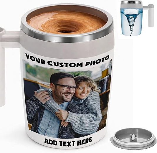 Personalized Rechargeable Self-Stirring Mug – Custom Photo/Text Magnetic Auto Mixing Stainless Steel Cup, 14.5 oz / 430 ml for Coffee, Tea, Milk & Hot Chocolate, USB Charging