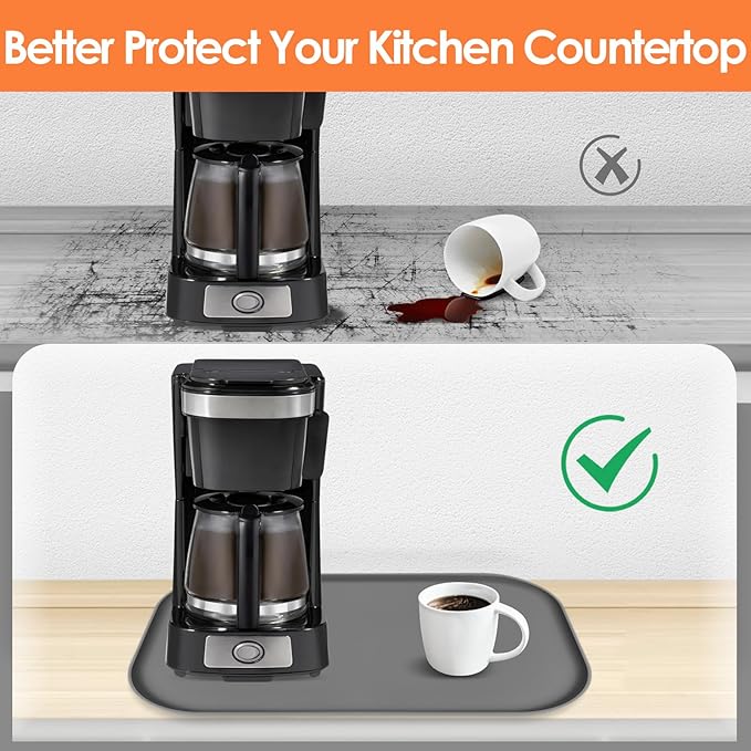 TOHONFOO Silicone Coffee Maker Mat with Lip, 24'' x 16'' Heavy Duty Coffee Maker Mat for Countertops, Coffee Tray Fit Under Coffee Machine Appliance Automatic Machines Espresso Accessory, Grey