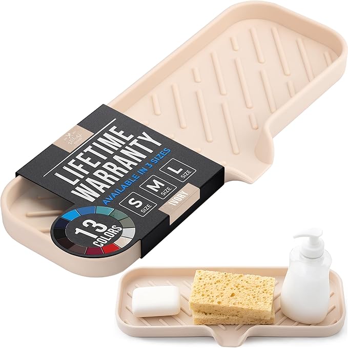 Zulay Kitchen Large Silicone Sponge Holder (12x4) – Flexible Sink Organizer Tray for Kitchen & Bathroom – Multipurpose Soap Dish for Sponges, Makeup, Trinkets & More (Ivory)