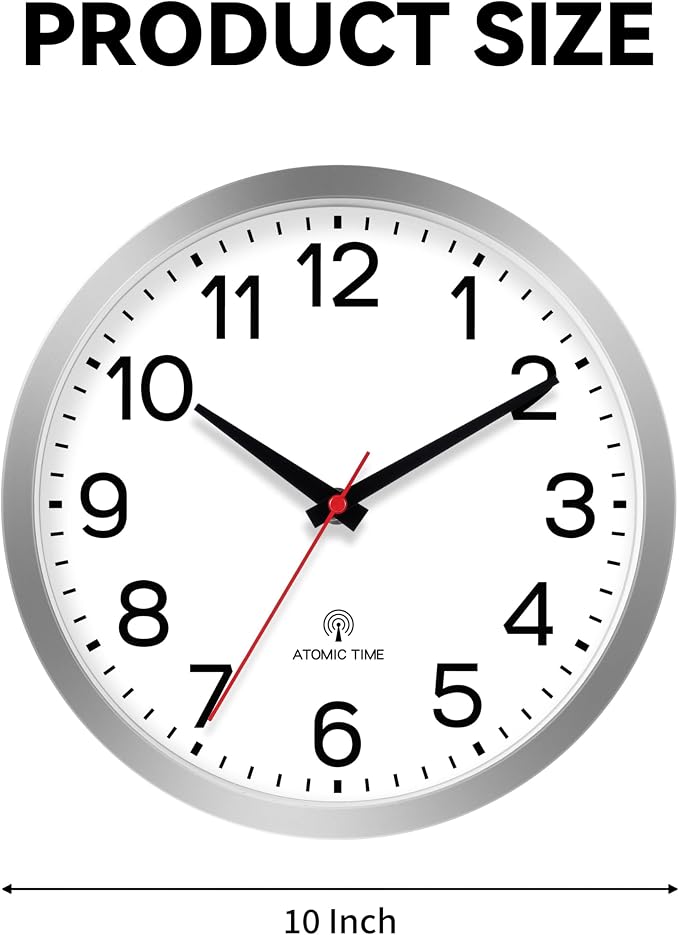 AKCISOT 10 Inch Wall Clock, Battery Operated Analog Clock, Silent Non-Ticking, Ideal for Bedroom, Bathroom, Kitchen, Office and School, Silver