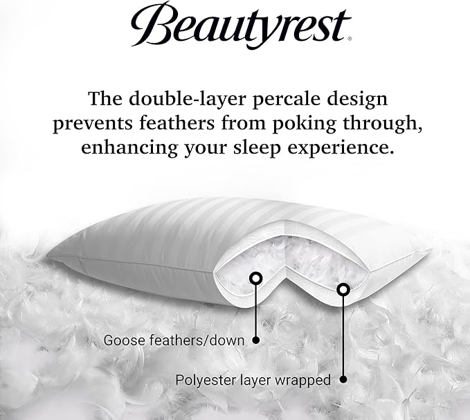 Beautyrest Luxury Goose Feathers Down Pillows Queen Size Set of 2, Hotel Collection Fluffy Bed Pillows, Medium Firm Hypoallergenic Pillow, 500 Thread US Grown Cotton Cover (20x28, Pack of 2)