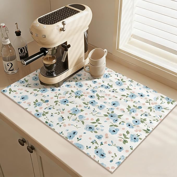 Ditsy Floral Dish Drying Mat for Kitchen Countertop Super Absorbent Coffee Bar Mat, Fast Dry Fit Under Espresso Machine (Ditsy Blooms,Blue)