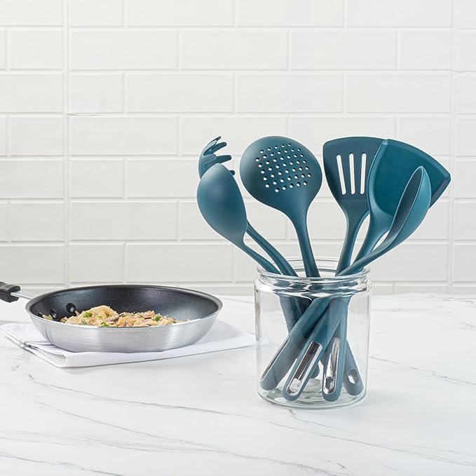 Restaurantware Silicone Utensil Set Pack of 1 Non-Slip Handle 6-Piece Kitchen Tool Set, Heat-Resistant Dishwasher-Friendly Cooking Accessories, Durable Teal Cooking Utensils