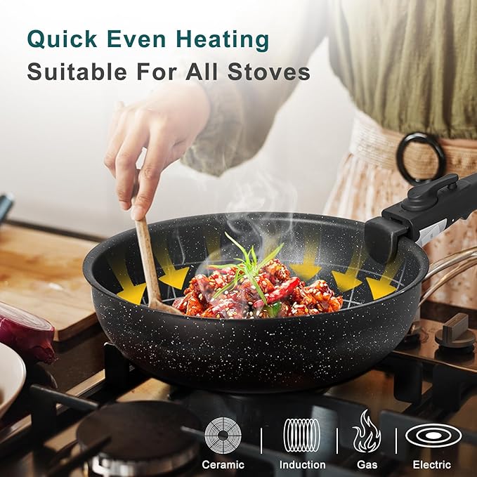 NEWBULIG 12-Piece Nonstick Cookware Set, Detachable Handle Pots and Pans, Induction Compatible Cookware, Dishwasher & Oven Safe, Space-Saving Kitchen Set, Black