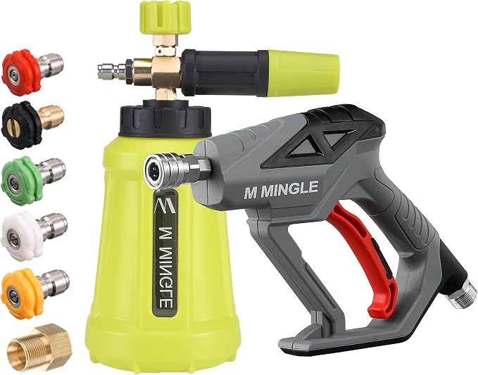 M MINGLE High Pressure Washer Gun Snow Foam Lance, 4000 PSI Cannon Foam Blaster Power Washer with 1/4" Quick Connector, Car Wash Foam Cannon Kit with 5 Pressure Washer Nozzle Tips, 1 Liter