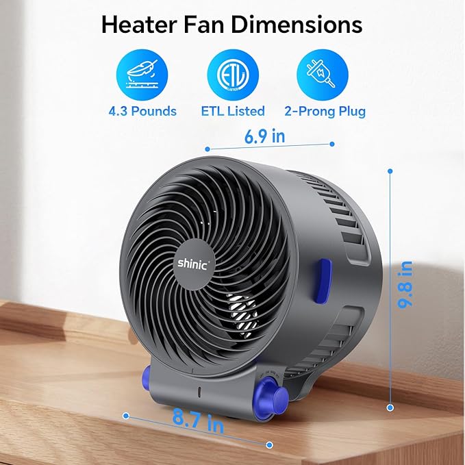 shinic Desk Fan and Heater Combo, Portable Cooling Air Circulator Fan, Tip-Over & Overheat Protection, Turbo Fan Space Heater Combo for Indoor Use Office, Bedroom, Living Room, ETL Listed