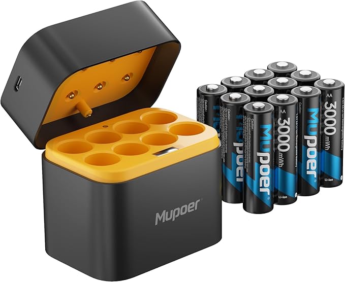 Mupoer 12 Pack Rechargeable AA Batteries Lithium with Charger,3000mWh 1.5V AA Lithium Blink Batteries,Double A Battery Rechargeable,Long Lasting Pilas Recargables Lithium ion AA Battery for Xbox
