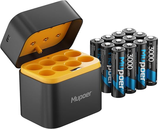 Mupoer 12 Pack Rechargeable AA Batteries Lithium with Charger,3000mWh 1.5V AA Lithium Blink Batteries,Double A Battery Rechargeable,Long Lasting Pilas Recargables Lithium ion AA Battery for Xbox