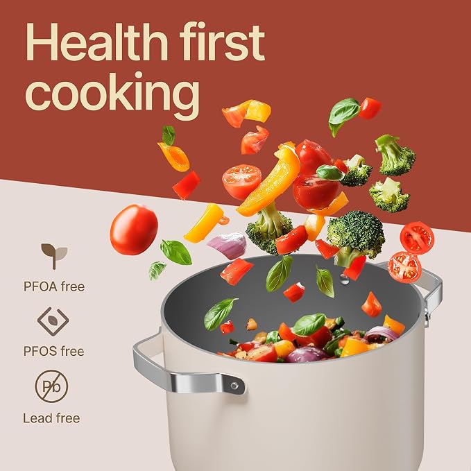 Bakken 5 Quart Ceramic Coated Stock Pot with Lid, Easy to Clean Nonstick Pot, Tempered Glass Lid, Riveted Stainless Steel Handles, Oven Safe Up To 500°F, PTFE & PFAS Free, All Stove Compatible, Cream