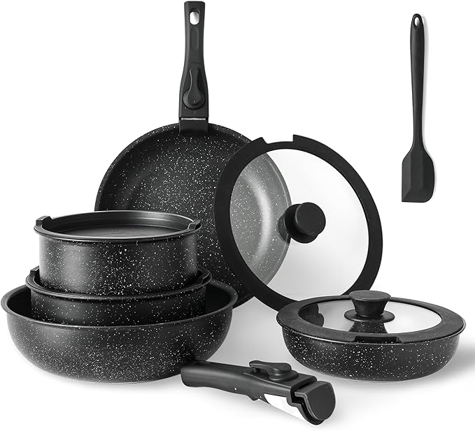 Simple Deluxe 12 Pcs Non-Stick Cookware Set, with Black Granite Texture and Detachable Handles, Resistant to High Temperatures, Oven Safe, PFAS and PFOA Free