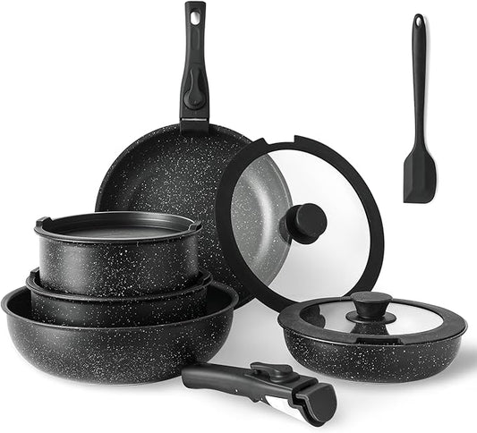 Simple Deluxe 12 Pcs Non-Stick Cookware Set, with Black Granite Texture and Detachable Handles, Resistant to High Temperatures, Oven Safe, PFAS and PFOA Free
