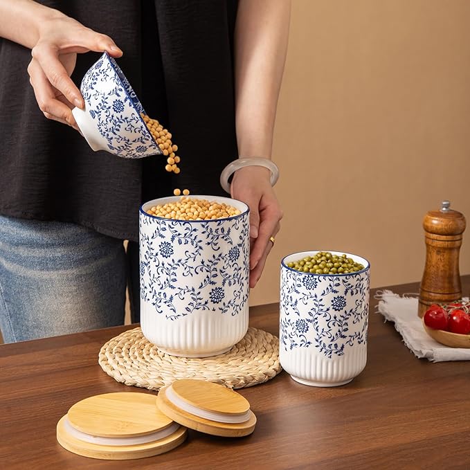 Canisters Sets for the Kitchen - 2 Pcs 36/18 oz Ceramic Kitchen Containers for Countertop with Airtight Wood Lids - Flour and Sugar Containers for Coffee Tea Spice Beans Cookie Jars - Blue