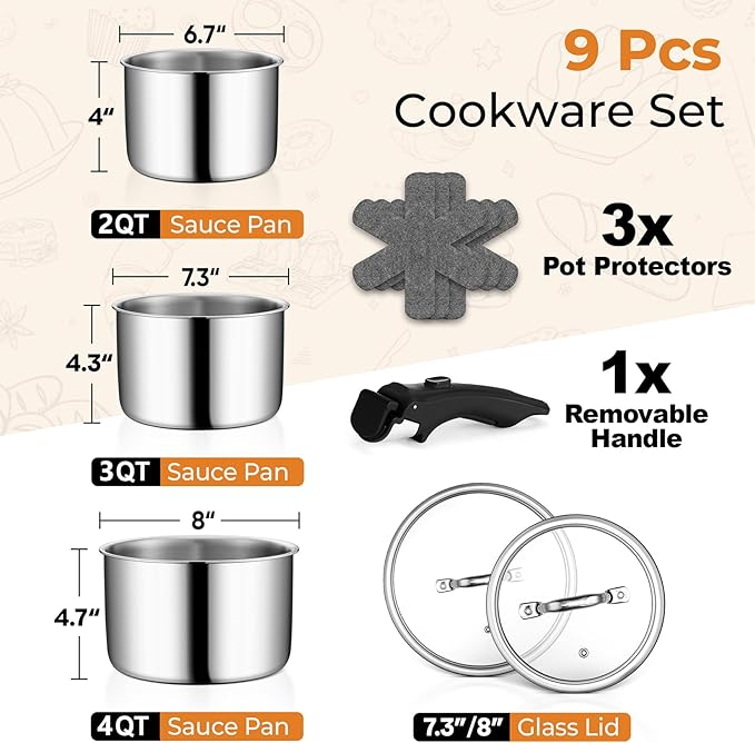 P&P CHEF Tri-Ply Cooking Pots and Sauce Pans, 9Pcs Stainless Steel Cookware Set with Removable Handle, Induction 2Qt Saucepan, 3Qt Small Pot & 4Qt Stock Pot, Oven & RV Safe to 500℉, Dishwasher Safe