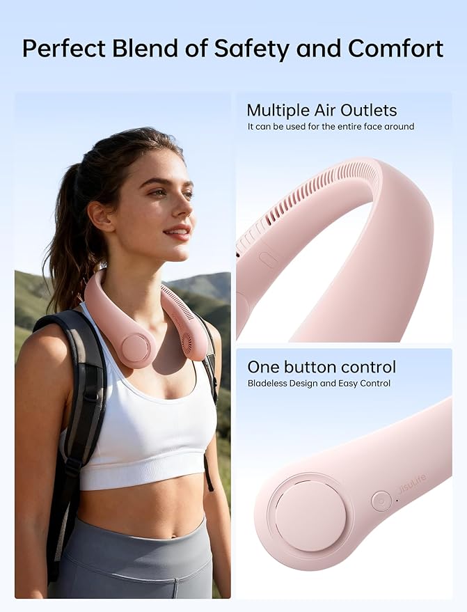 JISULIFE Portable Neck Fan, Hands-Free Bladeless, 5 Speeds, 4000 mAh Battery Operated Wearable Personal Fan, Twistable, Rechargeable, Gift for Women Men-Pink