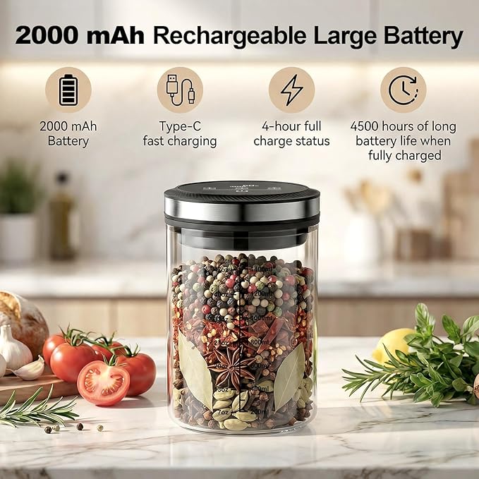 GVODE 1.6L Vacuum Coffee Canister with Time Display, Airtight Coffee Canister for Coffee Beans, Ground Coffee, Spices, 4500 Hours Life, High Borosilicate Glass, Home Kitchen Food Storage Organizers