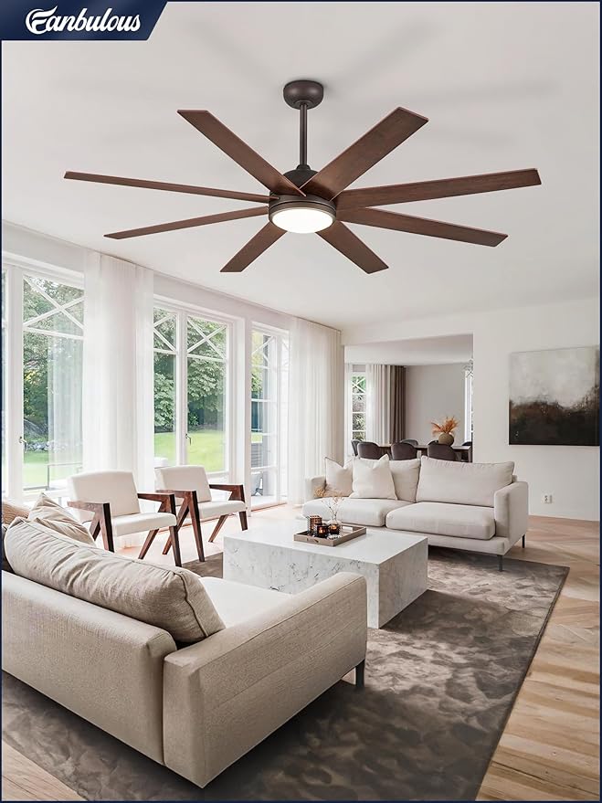 Fanbulous 65 Inch Ceiling Fans with Lights and Remote, Walnut Indoor/Outdoor Ceiling Fan with Quiet Reversible DC Motor, 6 Speeds, 3CCT, 8 Blades Large Ceiling Fan for Living Room Bedroom Patio