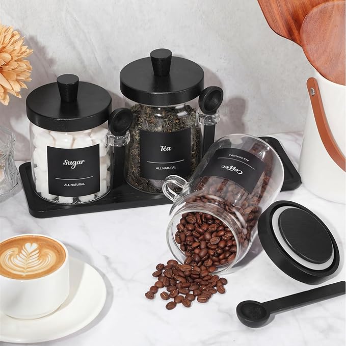 Suclain 3 Pcs Glass Coffee Container with Wooden Lid Spoon Shelf Labels Clear Airtight Jar Food Storage Canister Set for Sugar Spice Coffee Bean Holder Housewarming Gift (13.5,20,25 oz,Black Bamboo)